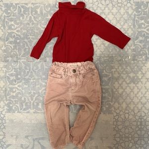 Bonpoint 18m pink corduroy pants red turtle neck set
